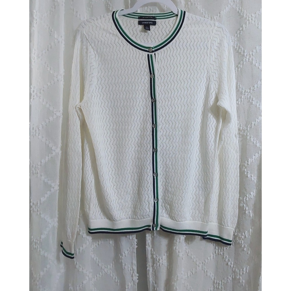Lands End Womens White Supima Cotton Pointelle Knit Cardigan Sweater Large 14-16
